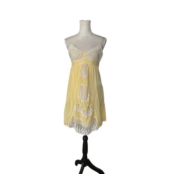 Vintage Baby Doll Dress Yellow Lace Trim Spaghetti Strap Coquette Romantic READ - Picture 3 of 16
